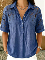 Women's Hollow Floral Lace Spliced Denim Collar Short Sleeve Shirt