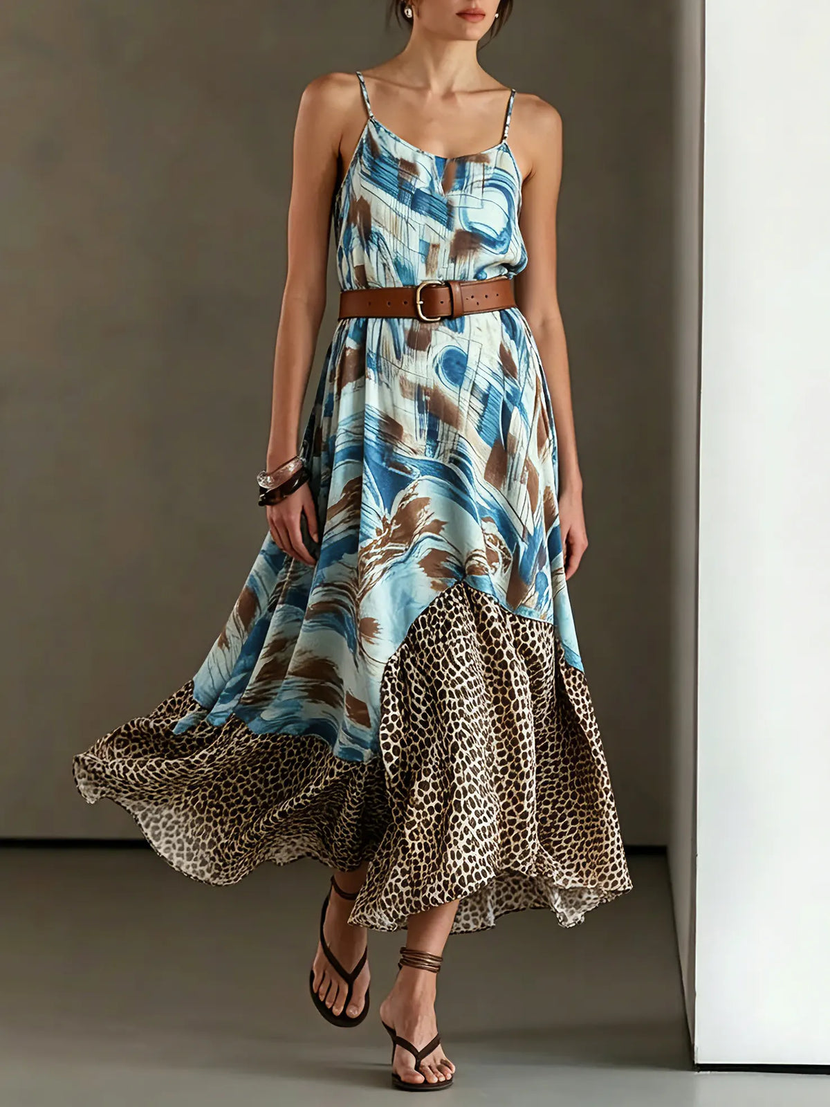Maxikleid für Damen mit Leopardenmuster und Patchwork-Design