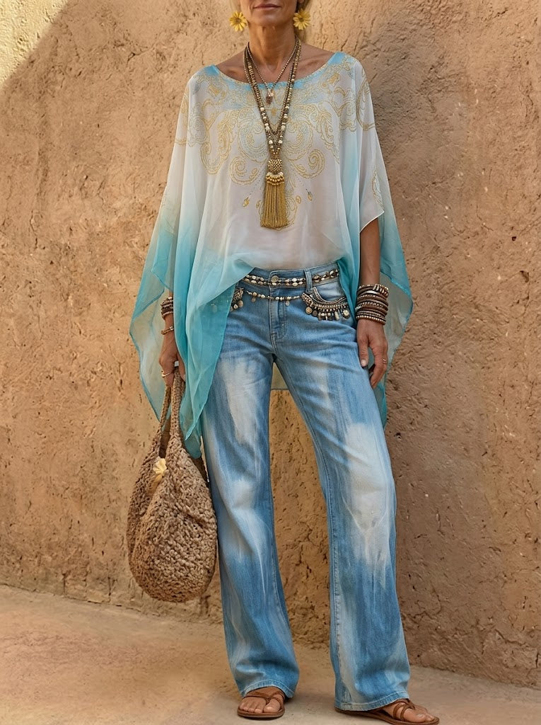 Blusa transparente bohemia con mangas de murciélago y efecto degradado para mujer