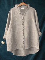 Blusa da donna in misto lino con scollo a V e volant