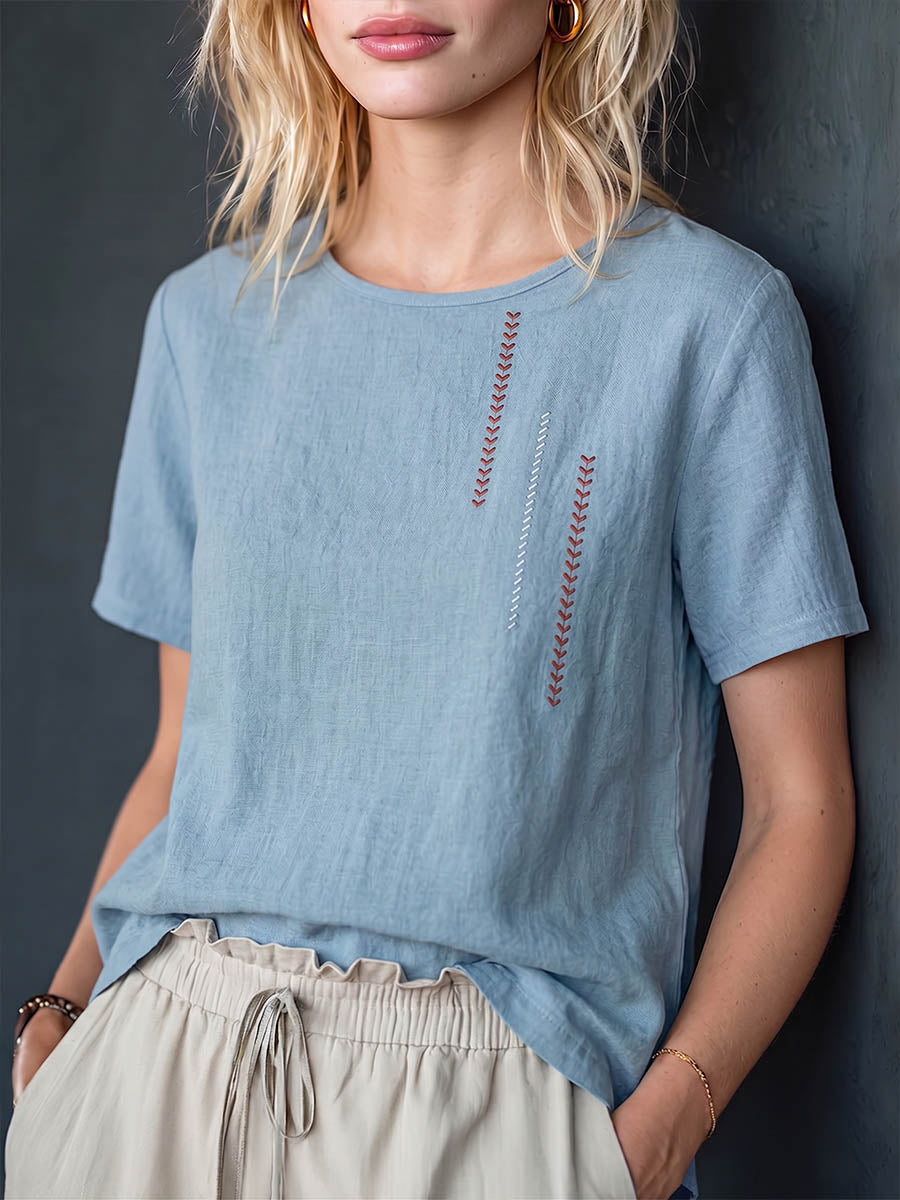 Dames casual losse katoenen linnen top met borduursel, ronde hals en korte mouwen