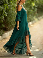 Damen Maxikleid mit V-Ausschnitt, Stickerei, schulterfrei, hoher vorne und langer hinten Saum
