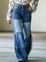 Jeans de mujer de tiro alto con bloques de color, parches deshilachados y pierna ancha acampanada
