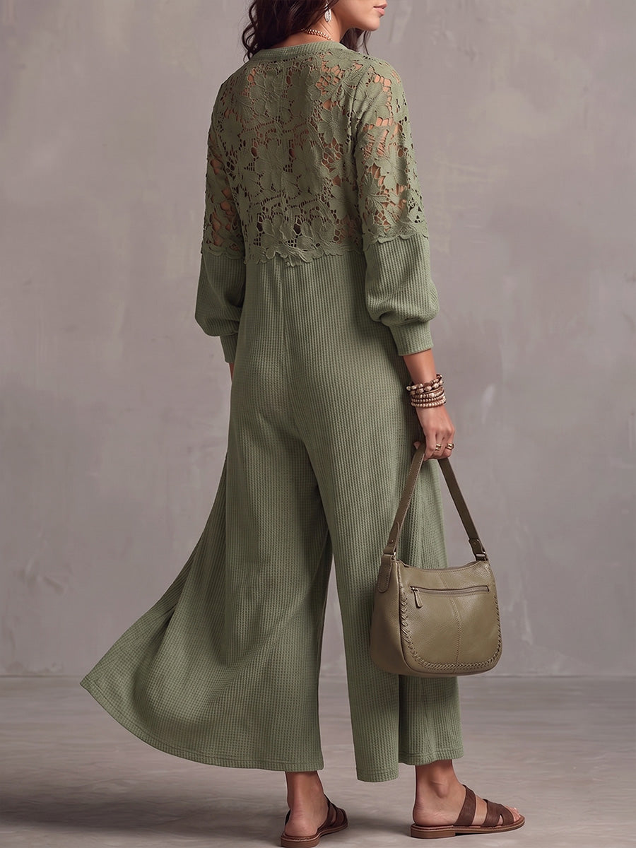 Vintage eleganter Jumpsuit mit Waffel-Patchwork und Spitzen-Ausschnitten