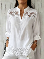 Damen Bluse mit einfarbigem Blumen-Augenloch-Spitzen-Stehkragen, 3/4-Ärmeln und lockerem Schnitt