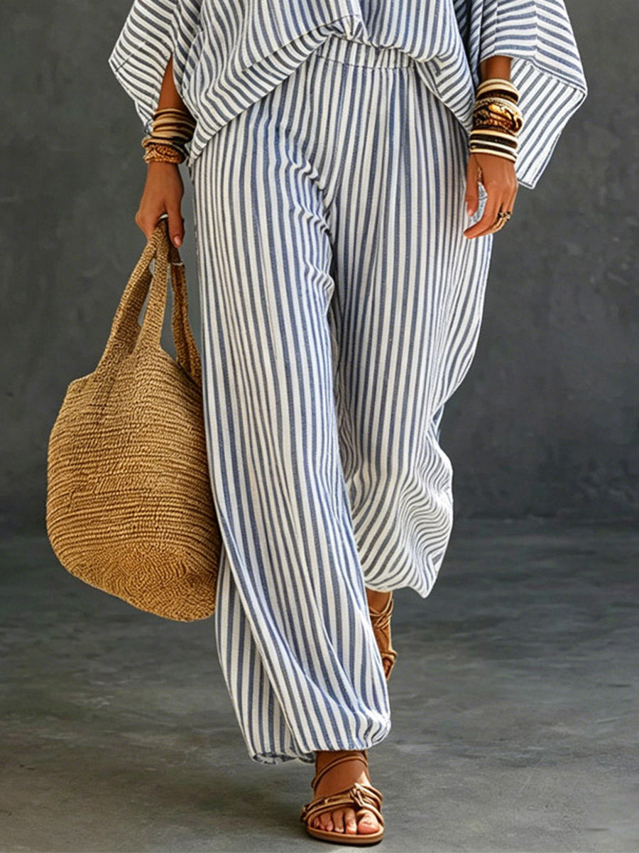 Completo donna a due pezzi in cotone e lino con maglia a maniche lunghe a righe e pantaloni casual artisticamente stilizzati