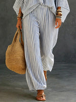 Completo donna a due pezzi in cotone e lino con maglia a maniche lunghe a righe e pantaloni casual artisticamente stilizzati