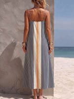 Damen gestreiftes, bedrucktes, ärmelloses, lässiges, lockeres Baumwoll-Leinen-Camisole-Kleid mit V-Ausschnitt
