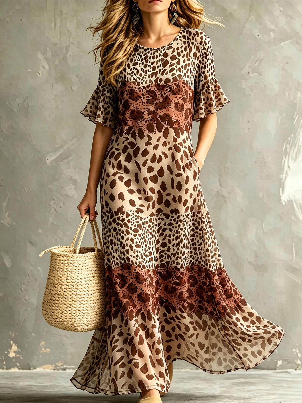 Robe maxi pour femme à manches courtes avec volants, imprimé léopard en dégradé et poches