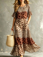 Robe maxi pour femme à manches courtes avec volants, imprimé léopard en dégradé et poches