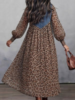 Waschbare Denim-Spitzen-Revers-Halbknopfleiste Laternenärmel Leopardenmuster Gesammeltes Lockeres Maxikleid mit Hemdkragen