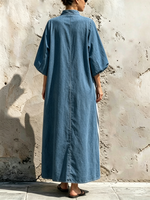 Waschbare Denim-Multistreifen-Splice Stehkragen Laternenärmel Vollknopf Lockerer Maxi-Hemdkleid