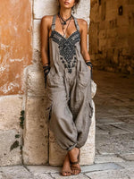 Damen Jumpsuit mit V-Ausschnitt, ärmellos und weitem Bein – lässig, locker sitzend aus Baumwoll-Leinen-Mischung mit platziertem Druck