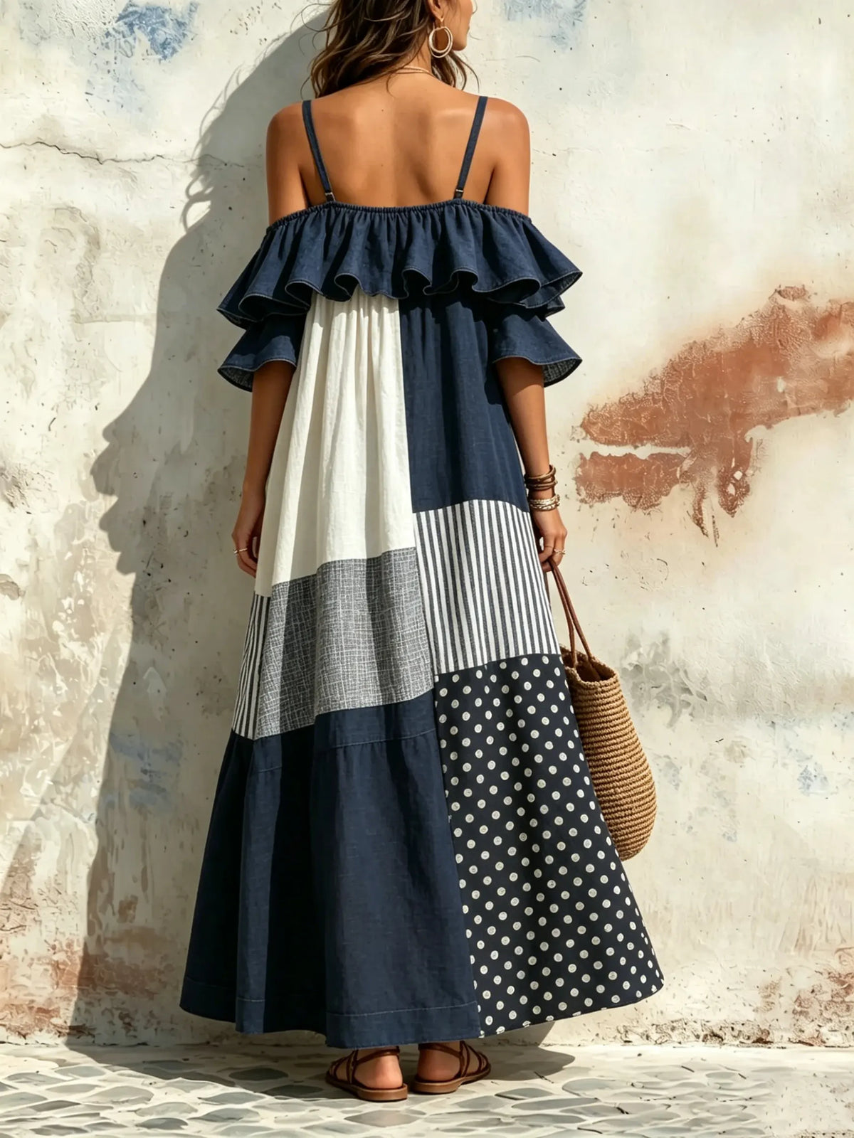 Maxikleid für Damen mit Polka-Dots, Streifen, Farbblock, Rüschen, schulterfrei und Spaghettiträgern