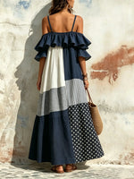 Maxikleid für Damen mit Polka-Dots, Streifen, Farbblock, Rüschen, schulterfrei und Spaghettiträgern