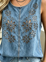 Dames tanktop van denim met bloemenprint en uitsnijdingen