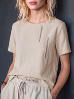 Dames casual losse katoenen linnen top met borduursel, ronde hals en korte mouwen
