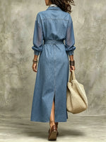 Damen Maxikleid aus Denim mit transparenten Ärmeln und Schlitz