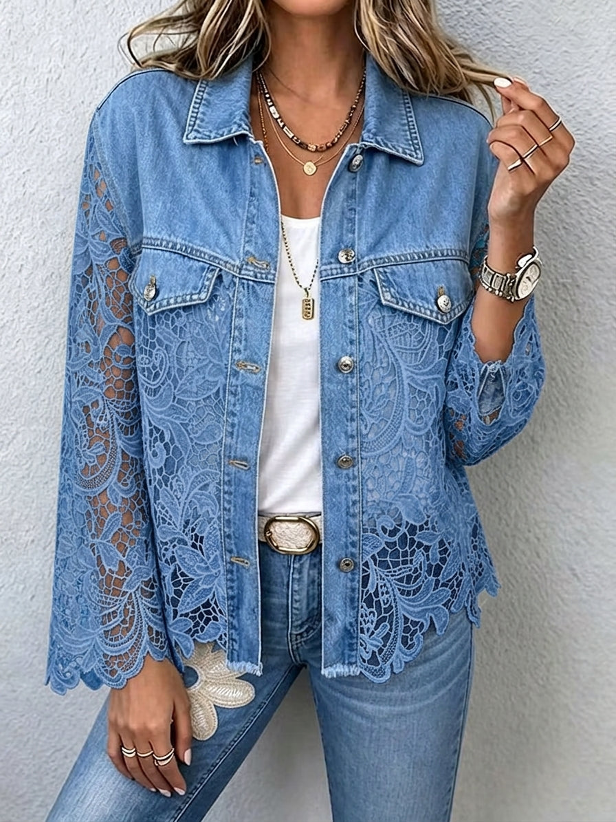 Damen Jeansjacke mit floraler Spitzenverzierung