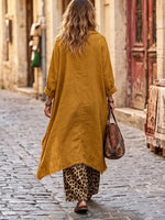 Böhmische, drapierte Senf-Leinen-Tunika & Leopardenhose