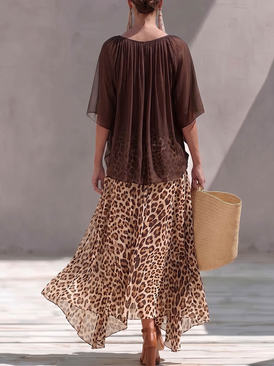 Damen Freizeitlockeres Chiffon-Top mit Rundhalsausschnitt, 3/4-Ärmeln und hoch tailliertem A-Linien-Rock mit Leopardenmuster Set