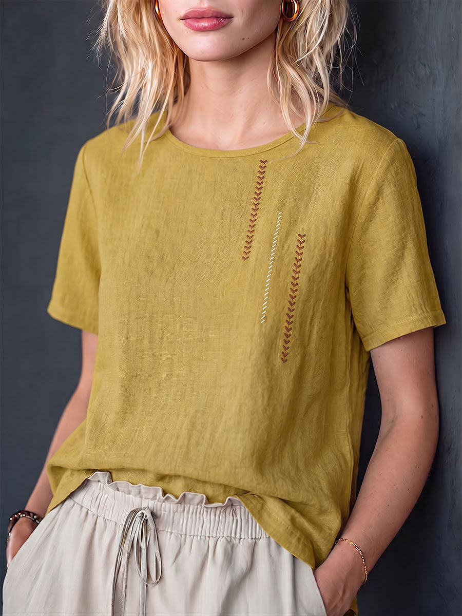 Dames casual losse katoenen linnen top met borduursel, ronde hals en korte mouwen