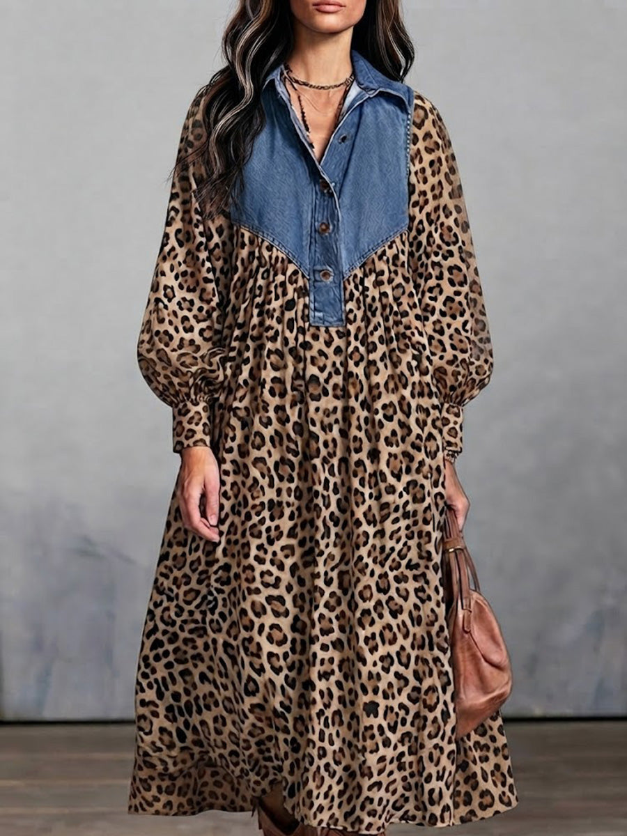 Waschbare Denim-Spitzen-Revers-Halbknopfleiste Laternenärmel Leopardenmuster Gesammeltes Lockeres Maxikleid mit Hemdkragen