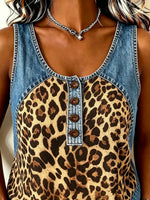 Top casual da donna con scollo a U, patchwork in denim e stampa leopardata