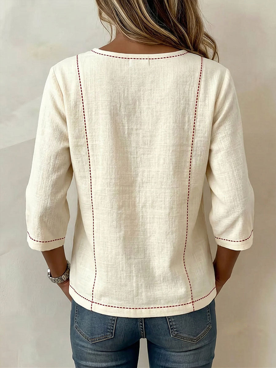 Damen Oberteil mit quadratischem Ausschnitt, 3/4-Ärmeln und lockerem Sitz aus Baumwoll-Leinen-Mischung