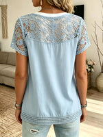 Cardigan da donna a maniche corte in cotone solido con pizzo floreale traforato e cuciture a contrasto