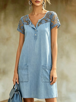 Vestido de mezclilla para mujer con panel de encaje, escote en V y bolsillos