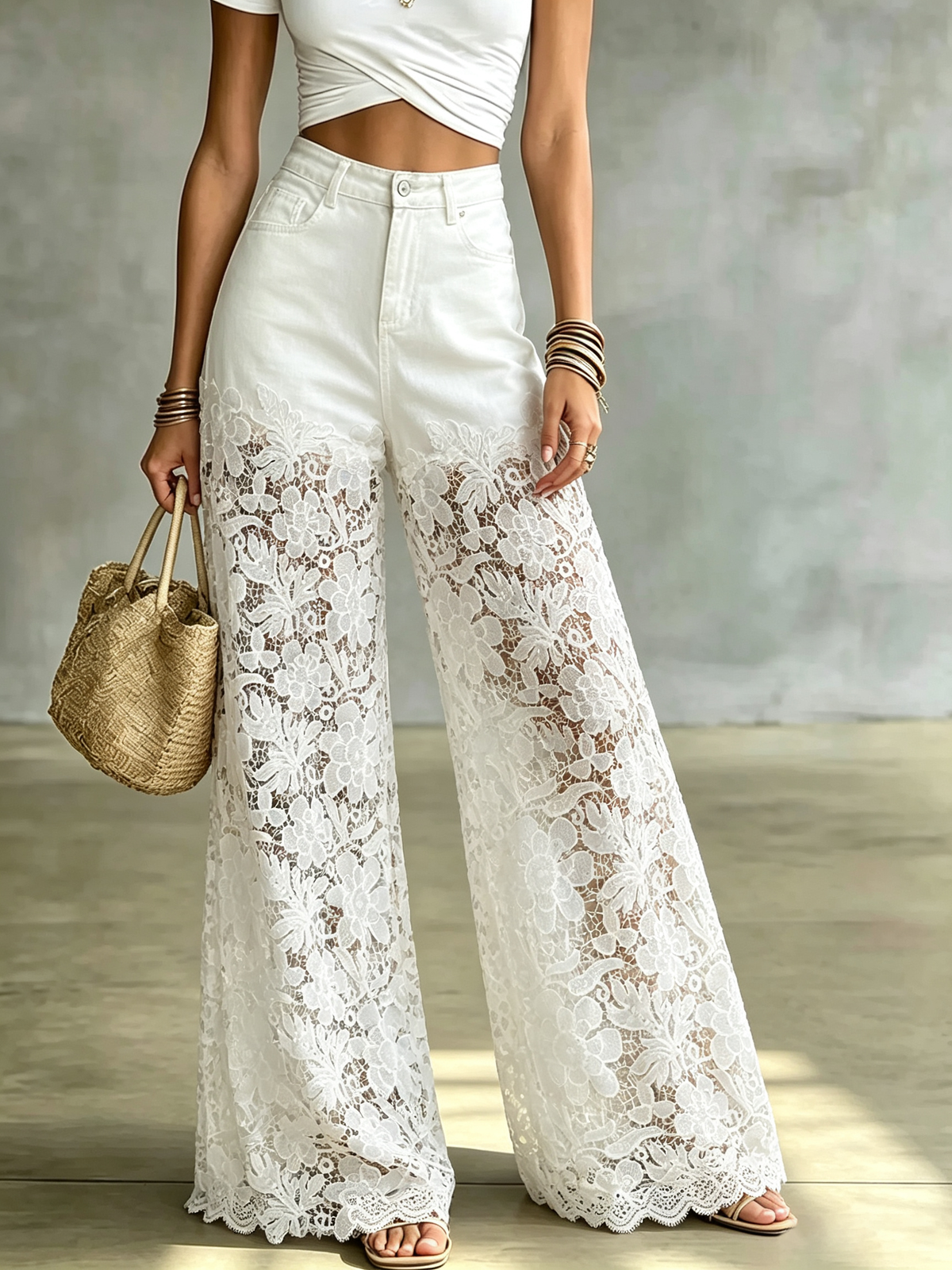 Damen Jeans- und transparente Spitzenhose mit weitem Bein