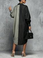 Damen Midi-Kleid mit Kordelzug, zweifarbigem Color-Block, Schlitz und oversized Schnitt