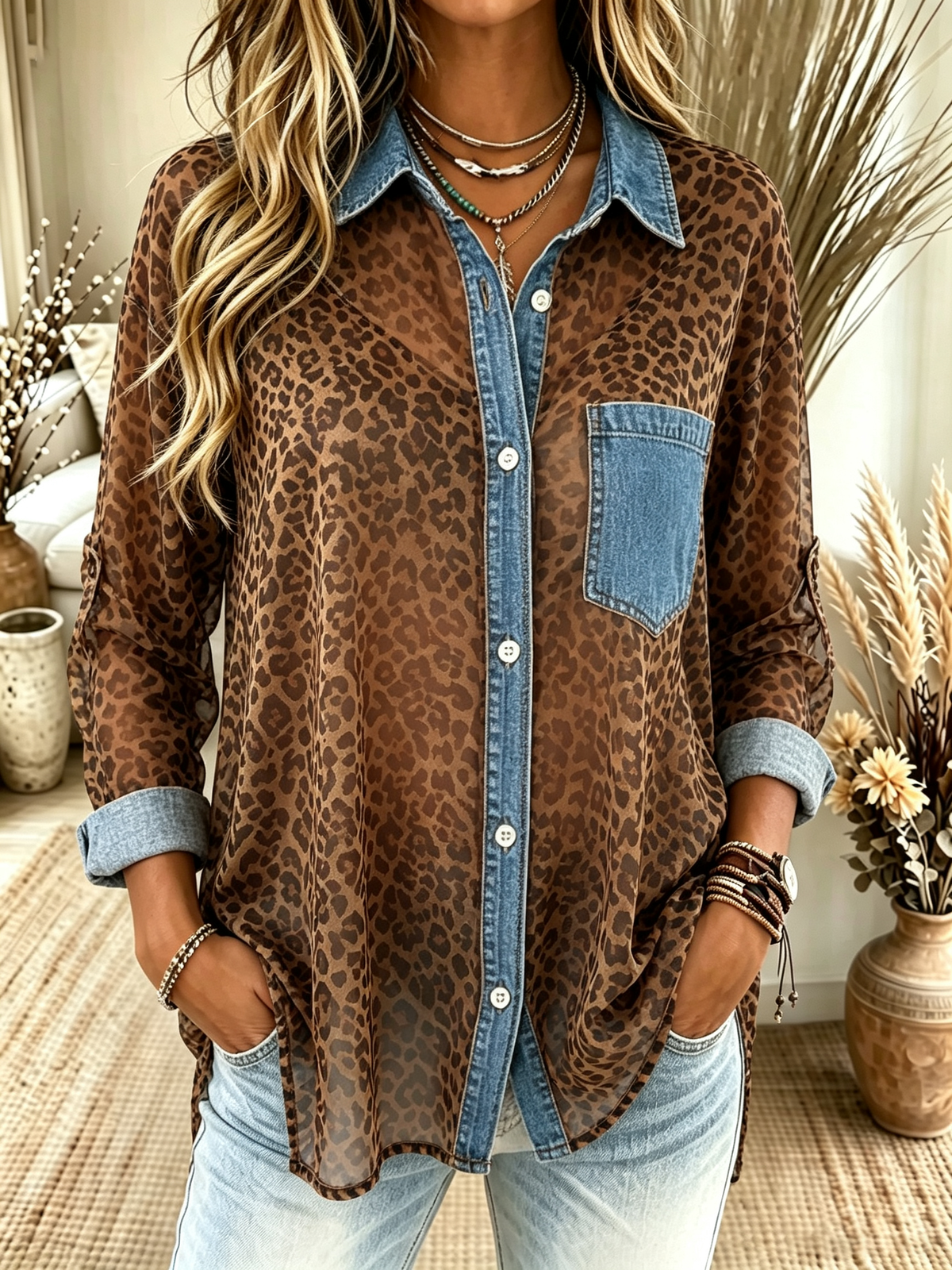 Camisa de mezclilla con parches de leopardo transparente para mujer