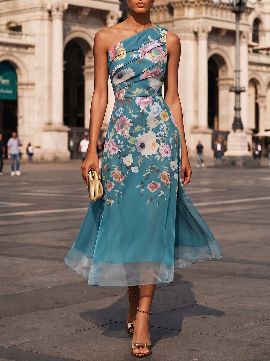 Elegantes Midikleid mit Blumenmuster und schulterfreiem Design für die Urlaubsparty