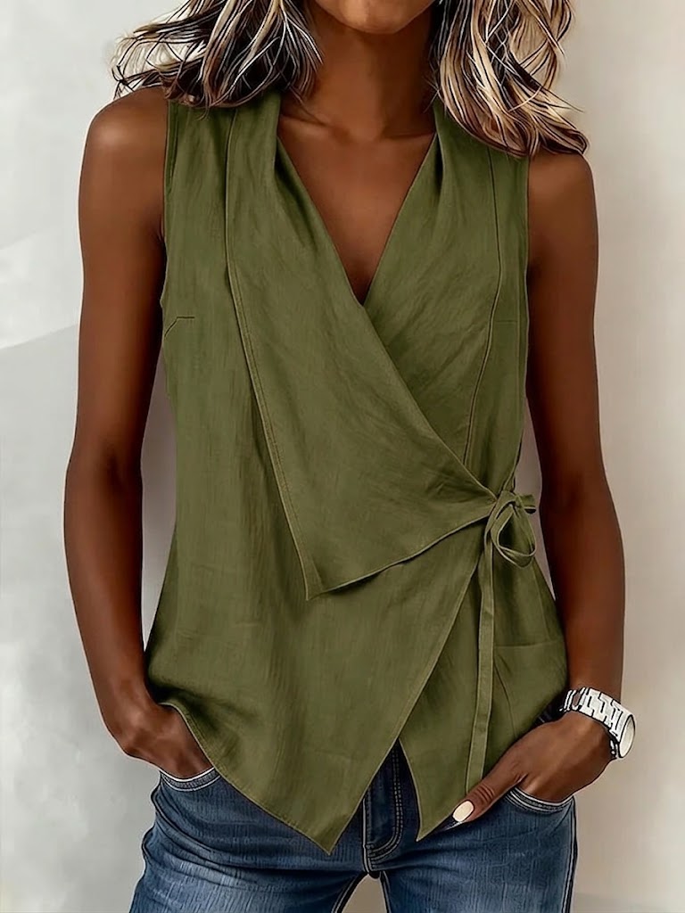 Camicia casual senza maniche con colletto in lino e cotone