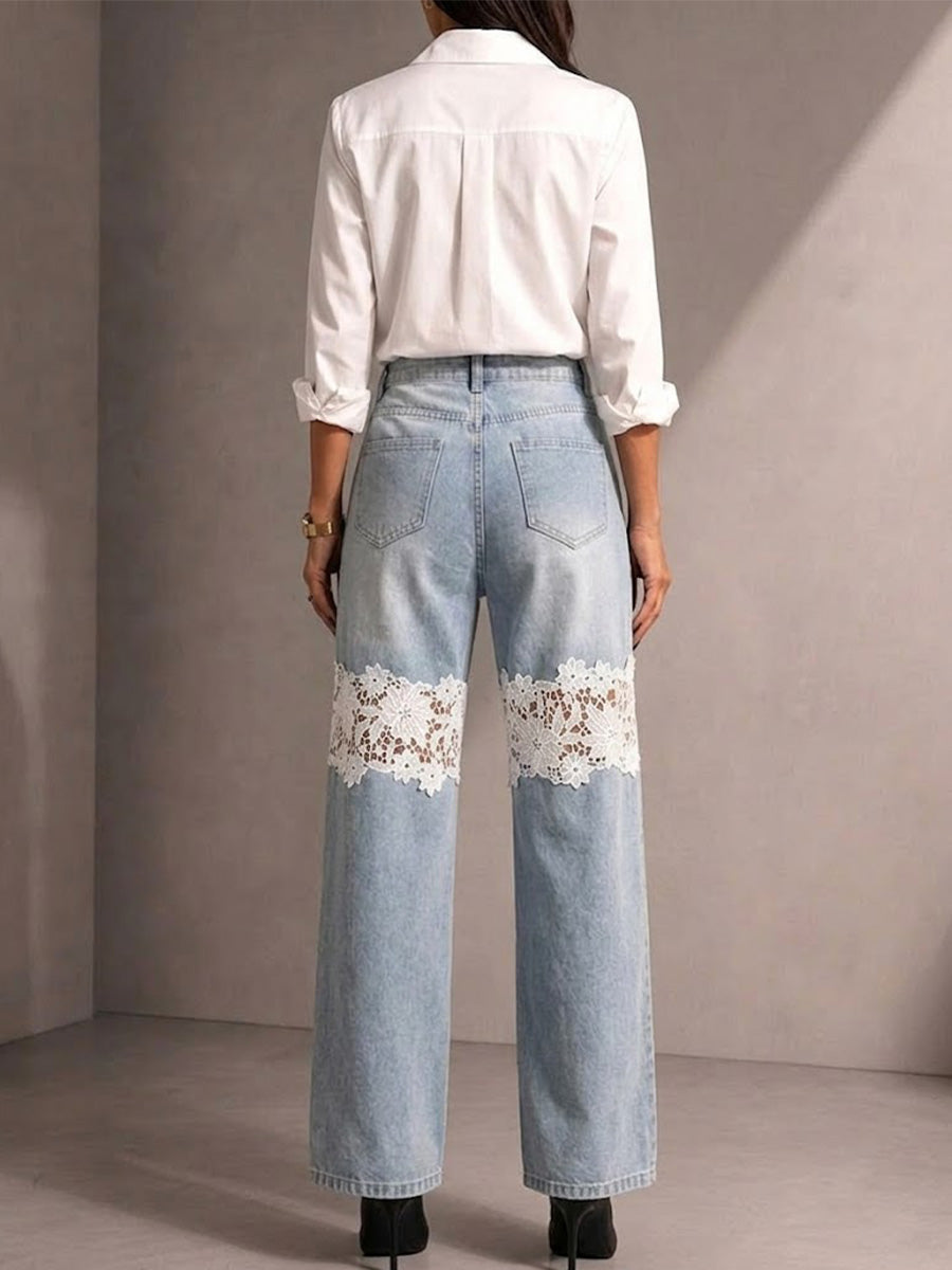 Waschbare High Waist Straight Wide Leg Jeanshose mit doppeltem Knie, weißem Blumenmuster, durchbrochener Spitzenverzierung und Drapierung