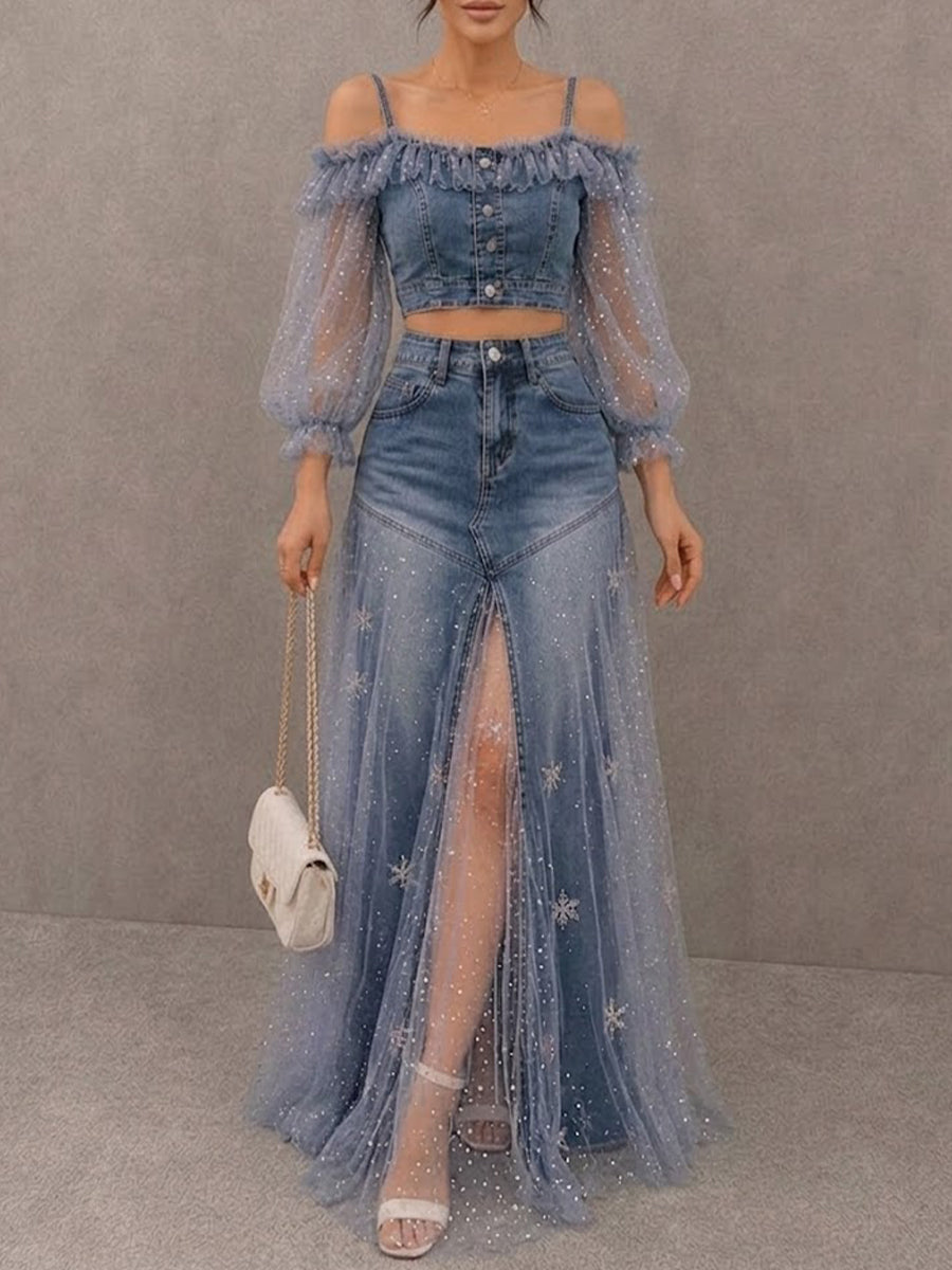 Stylish, Casual, Slim-fit Denim Two-piece Set (top And Jeans)