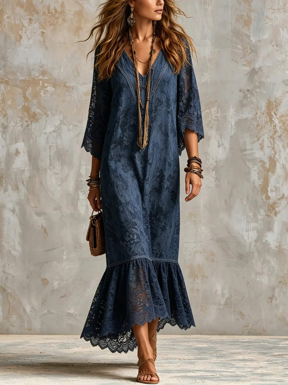 Maxikleid für Damen mit V-Ausschnitt, Blumenmuster, Spitze und Rüschen