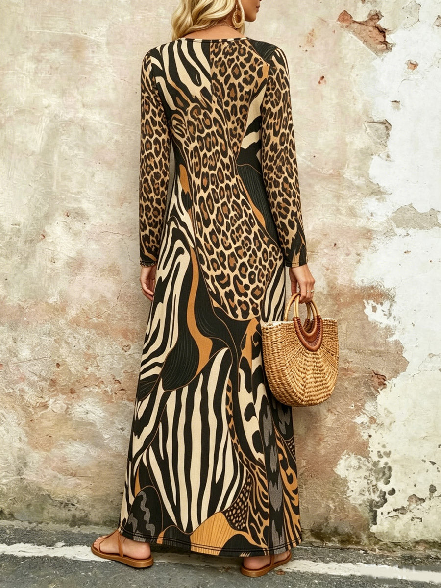 Damen Kleid mit Leopardenmuster, lässig, stilvoll, langärmlig