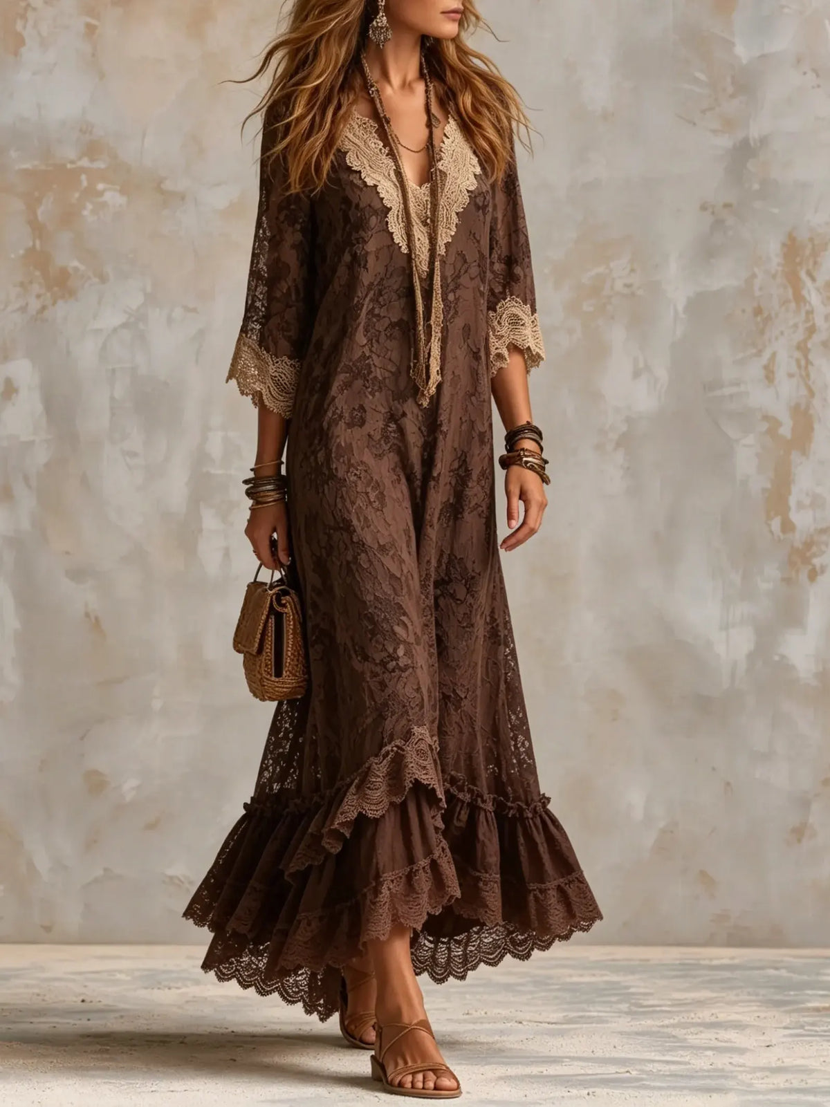 Maxikleid für Damen im Boho-Stil mit Blumenmuster, Spitze und Volants
