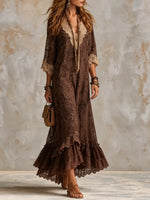Maxikleid für Damen im Boho-Stil mit Blumenmuster, Spitze und Volants