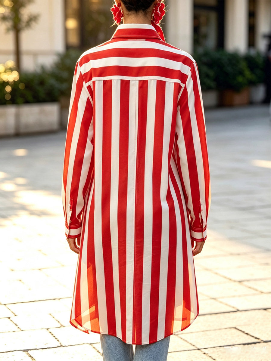 Retro-Chic gestreiftes Muster Kunst Langarm lässiges stylisches Hemd mit Reverskragen