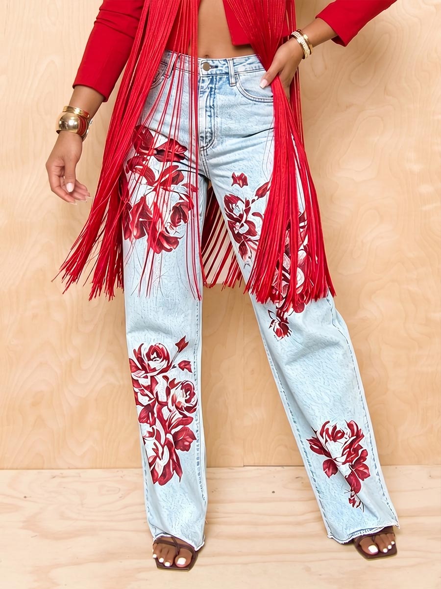 Damen-Jeans mit hohem Bund, lockerem, geradem Bein und platziertem Druck