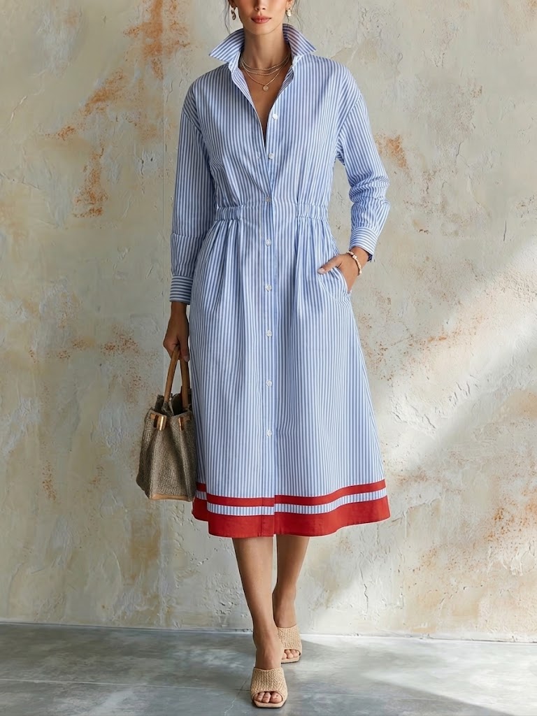 Gestreiftes Midi-Hemdkleid aus Baumwolle
