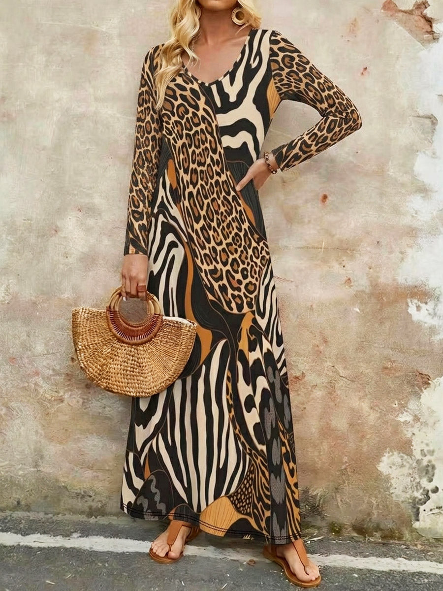 Damen Kleid mit Leopardenmuster, lässig, stilvoll, langärmlig