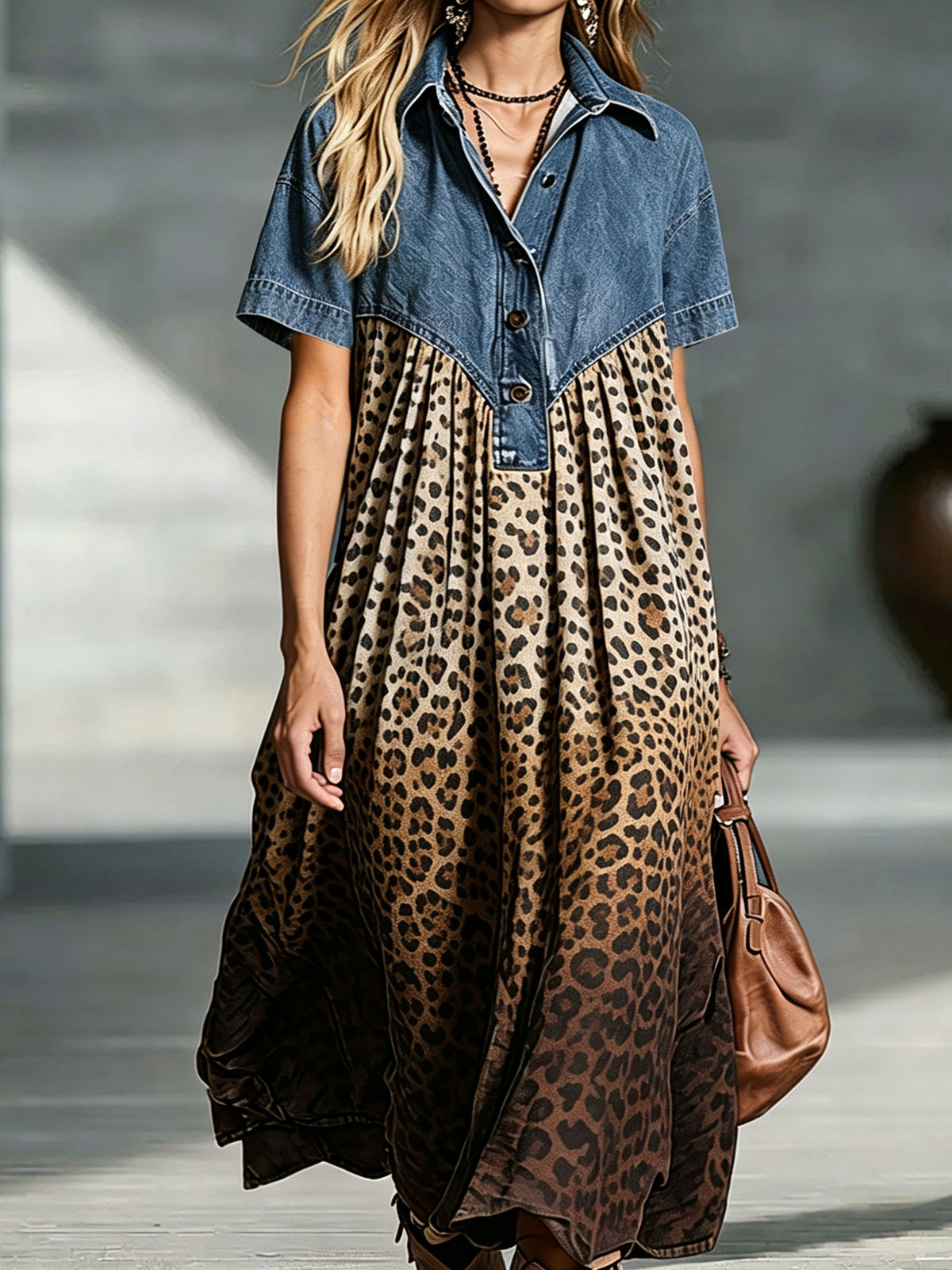 Damen Jeans Spliced Gradient Leopardenmuster Hemd Midi Kleid