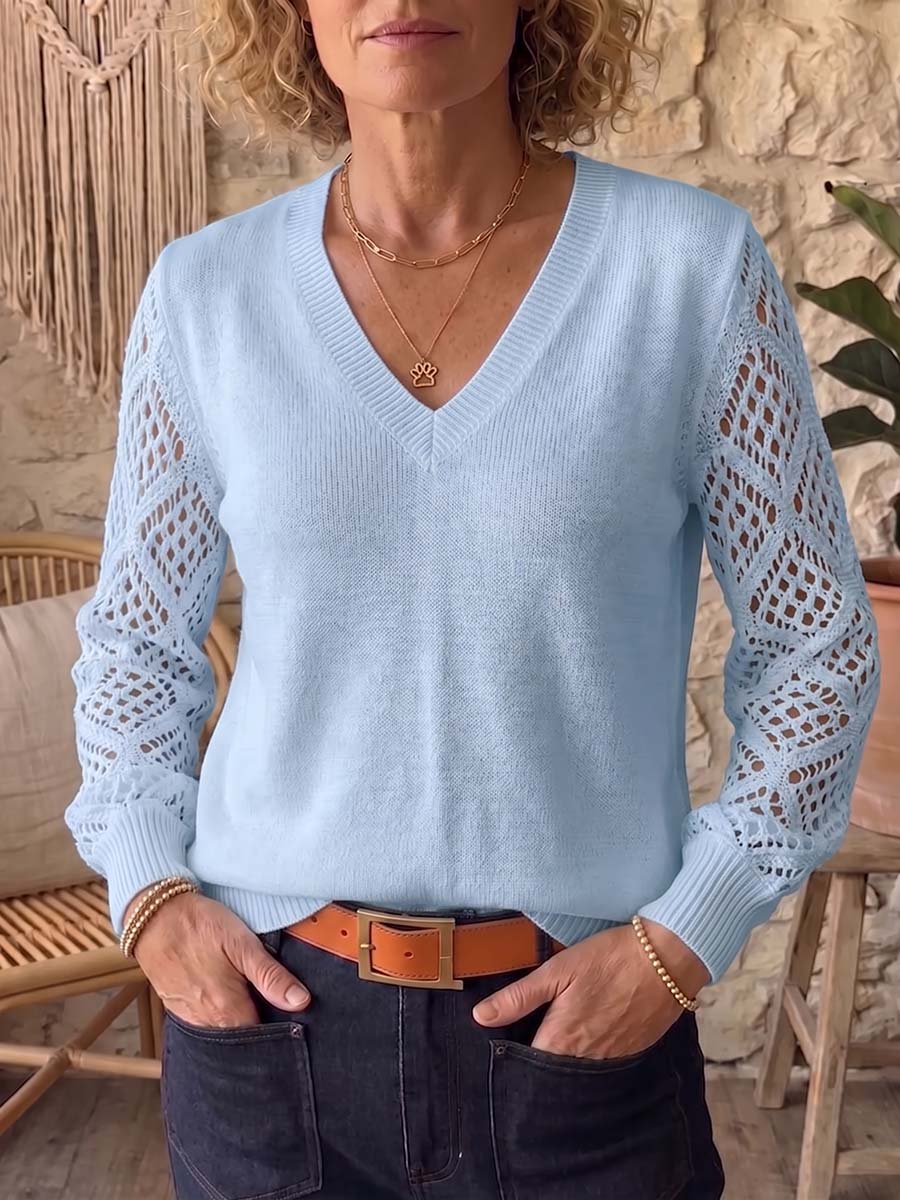 Damtröja med V-ringning, långärmad, enfärgad, avslappnad, lös passform med utskärning, stickad pullover