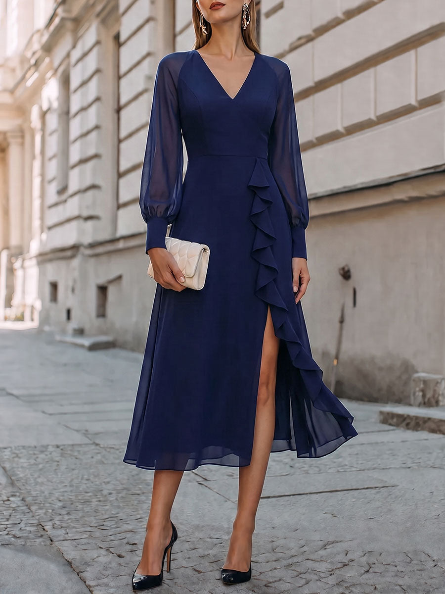 Vestito casual da donna in chiffon, a tinta unita, con scollo a V, maniche lunghe e taglio ampio