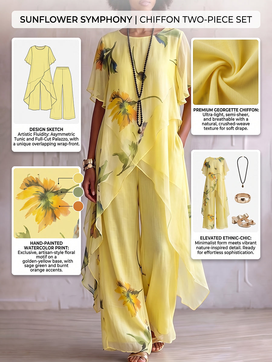 Set elegante a due pezzi con stampa artistica di girasoli